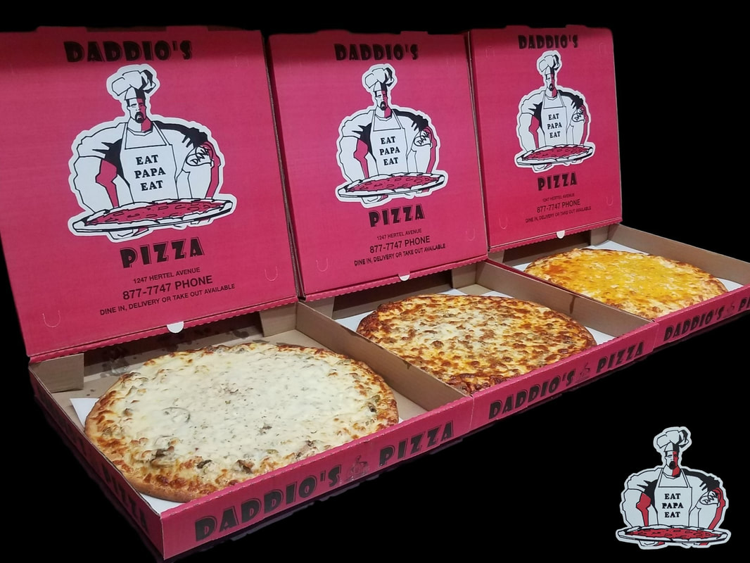 3 varieties of pizza in boxes at daddio's pizza in buffalo new york