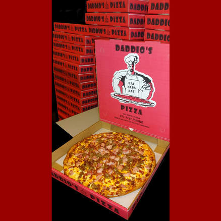 bacon, ham and sausage breakfast pizza at daddio's pizza in buffalo, new york
