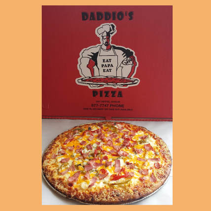 ham and sweet peppers breakfast pizza at daddio's pizza in buffalo, new york